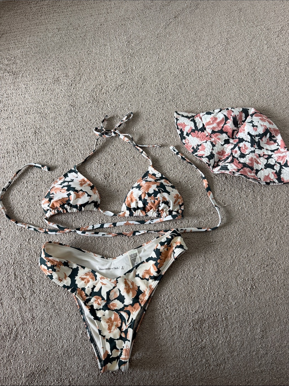Abercrombie & Fitch Floral Swim Top in Cream, Black & Pink